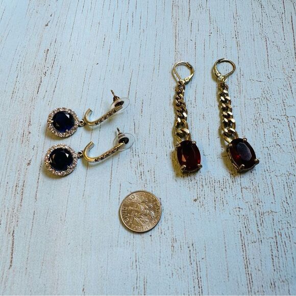 Silver Blue Crystal and Gold Red Crystal Dangle Earrings - Picture 1 of 3